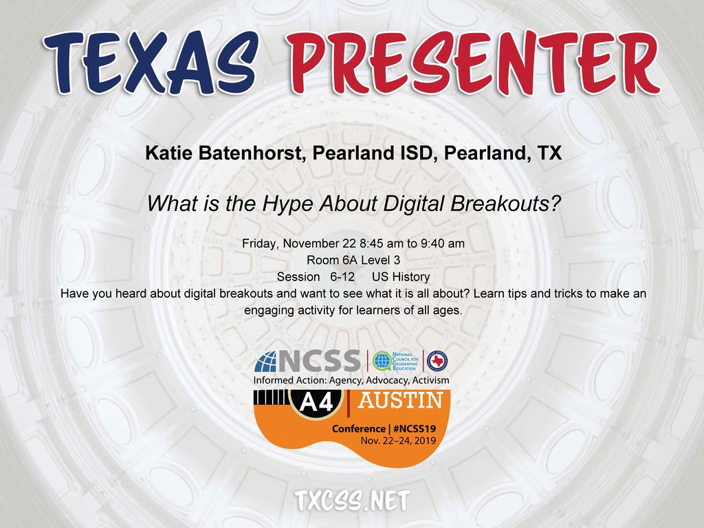 TxSocialStudies's tweet photo. 📣 Shout out to TXCSS PRESENTERS taking the stage at #NCSS19 in ATX!
👀 Keep an eye out for #TXCSSSWAG throughout the conference! 
#TXCSS19 https://t.co/2dBO8Hvk30