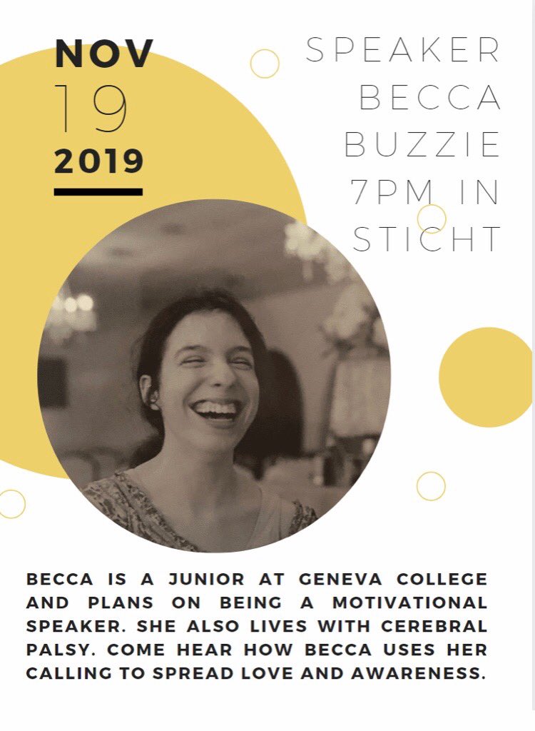 CEC_GCC's tweet photo. We are excited to announce we will have the amazing Becca Buzzie on campus TOMORROW to speak to us about her journey with cerebral palsy. Be sure to come by! She has an awesome story. #gcc #gccedu https://t.co/zaLIpQMBB1