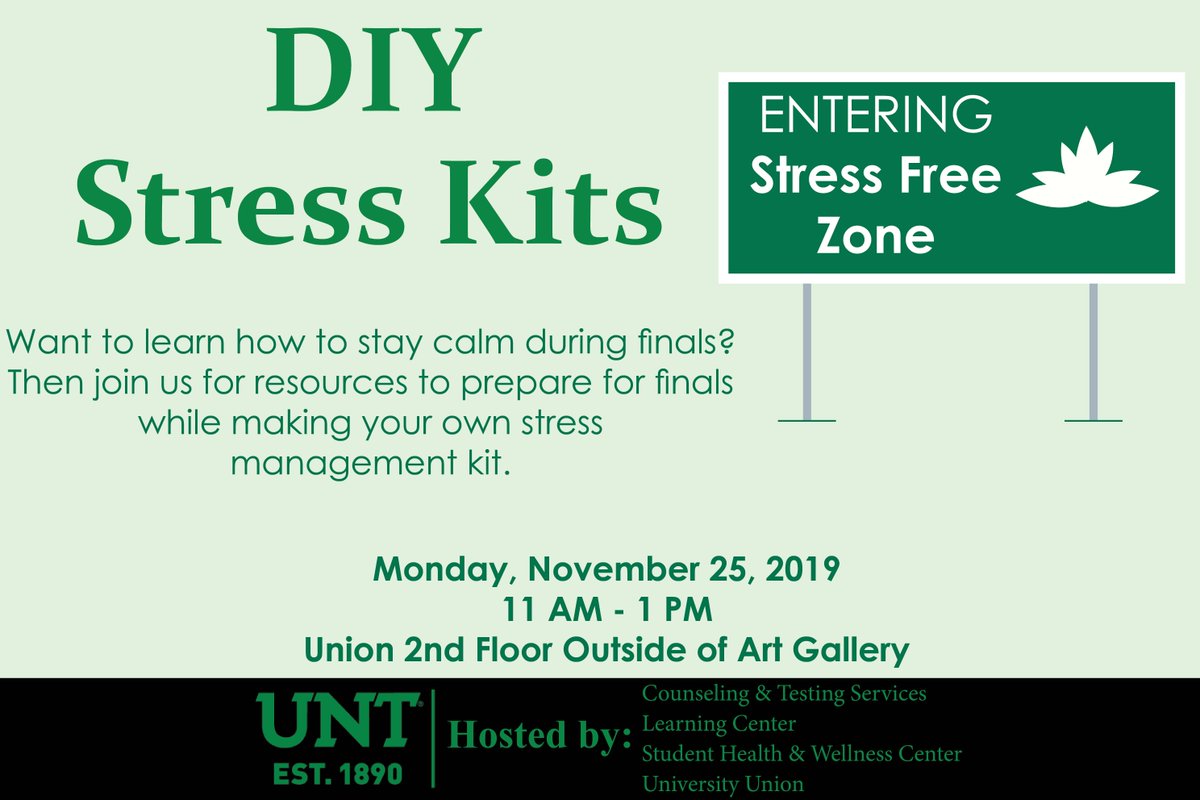 untSHWC's tweet photo. TOMORROW (11/25), join us for the DIY Stress Kits event! Stop by to make your own stress management kit and learn how to deal with stress. #UNTCares #UNT #SHWC @UNT_DSA @UNTUnion @UNTsocial https://t.co/msvWdok5J4