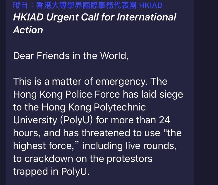angelinakkam's tweet photo. {source from telegram} 
各位手足🙏🏻以下係大專學界國際事務代表團向國際發出呼籲⚠️盡量*推*比更多外國人睇到 喚起對香港嘅關注🇭🇰! #SOSHK #HKPoliceTerrorism #polyU #PolyUMassacre #GodblessHK https://t.co/vm7GqCmxEY