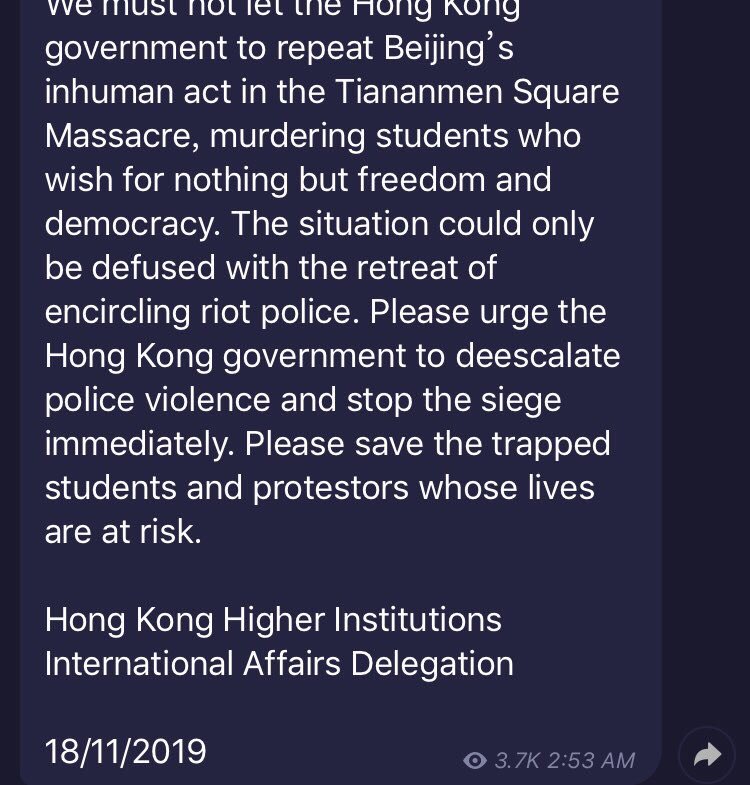 angelinakkam's tweet photo. {source from telegram} 
各位手足🙏🏻以下係大專學界國際事務代表團向國際發出呼籲⚠️盡量*推*比更多外國人睇到 喚起對香港嘅關注🇭🇰! #SOSHK #HKPoliceTerrorism #polyU #PolyUMassacre #GodblessHK https://t.co/vm7GqCmxEY