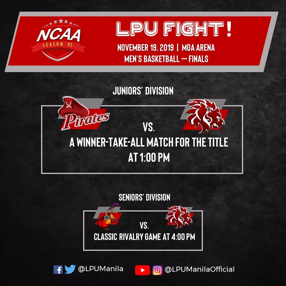 LPUManila's tweet photo. Let us support the Junior Pirates as #OneLPU as they do whatever it takes to grab its first title. Tip off at 1:00pm in @MOAArena #VivaVivaPirata
At 4PM, our neighbor, @LetranOfficial will face its rival and defending champ SBU Red Lions. Represent Intramuros today, Knights! πͺ https://t.co/kRa2GPqWWk