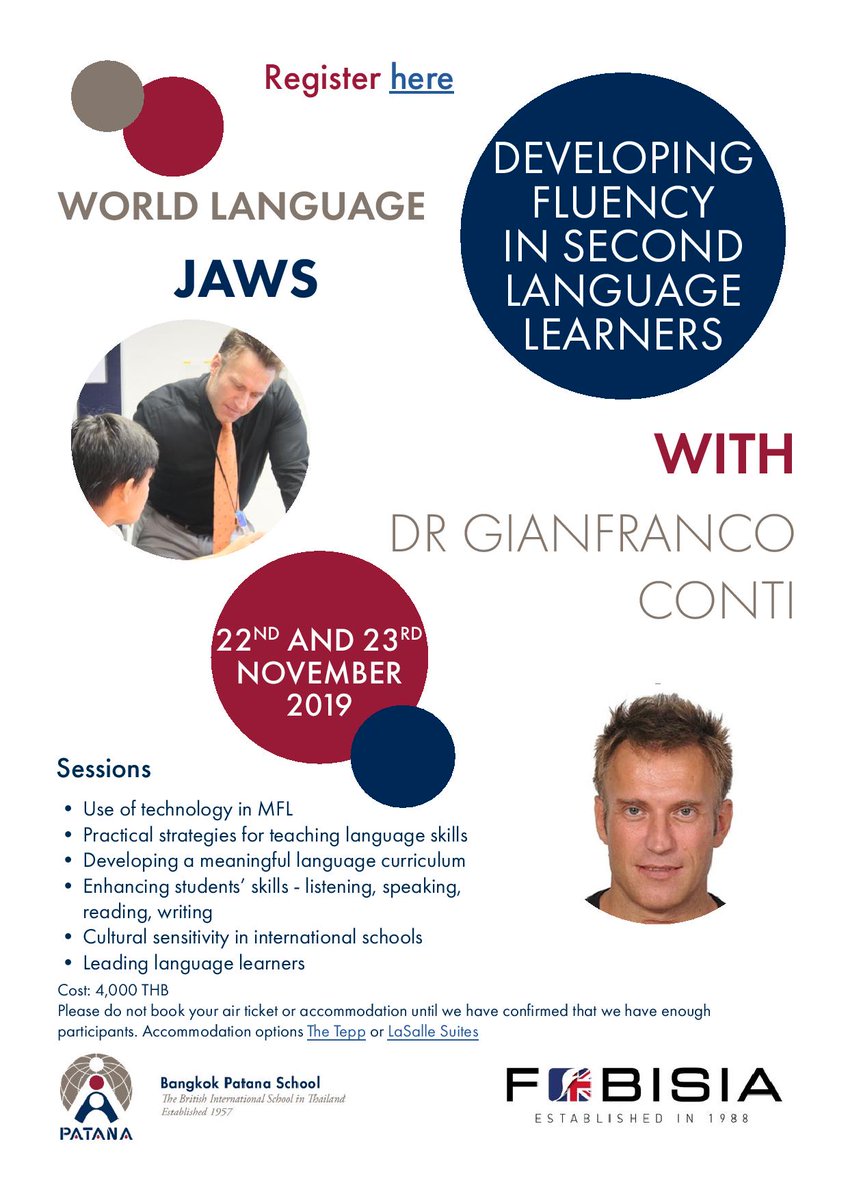 Are you joining the Enhancing Student Learning in World Languages JAWS <a href="/BangkokPatana/">Bangkok Patana</a> headlining <a href="/gianfrancocont9/">Dr Gianfranco Conti</a> this weekend?
#LeadingLanguageLearners #FOBISIACPD #JAWS @