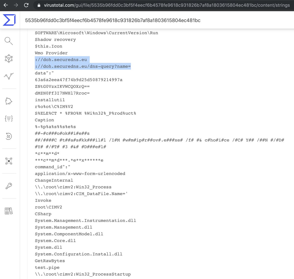 ItsReallyNick's tweet photo. I came for the InstallUtil payload and stayed for character insertion obfuscation and rare #DoH provider
➡️doh.securedns[.]eu
➡️greentowns[.]hk

"wfpcl.exe" (9/69): https://t.co/JYUgvq2ojR

Similar to #PsiXBot: https://t.co/ulYZshGbeW (w/ new #DoH provider, cc @stvemillertime) https://t.co/i4OJ3zyTuB
