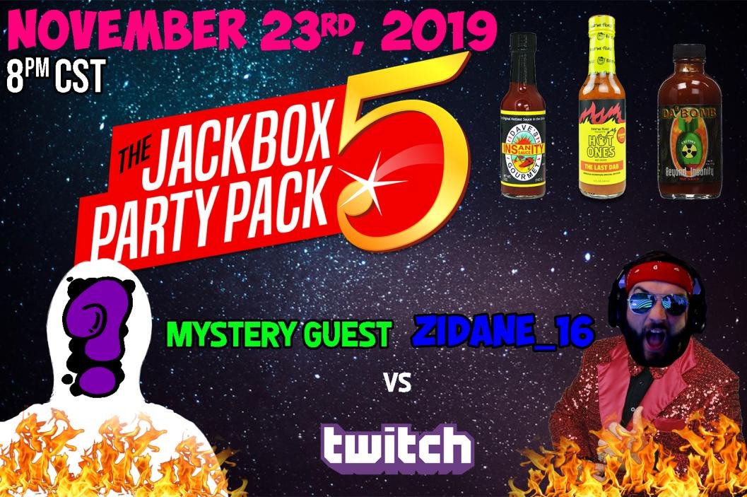 Zidane164's tweet photo. It’s been a long time, and now we’re back! A guest and I will battle it out against you and the rest of Twitch to see who will take the heat on Jackbox ( hot sauce that is )!  
@jackboxgames 
#twitchstreamer 
#hotsauce
#twitch
https://t.co/1Ughle7eJg https://t.co/ZlvunbQ6Jd