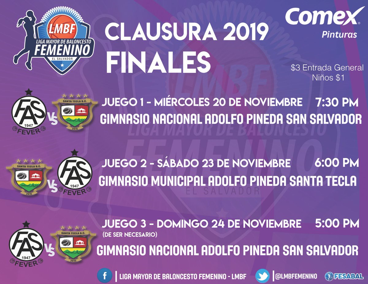 LMBF_ELSALVADOR's tweet photo. |🏆#CL2019|
📅#ProgramaciónLMBF
Imperdibles las acciones de
🏆#FinalesLMBF Iniciamos el miércoles 20 de noviembre 🔥🌸🏀
Serie mejor de 3. https://t.co/fkOUmhf4UT