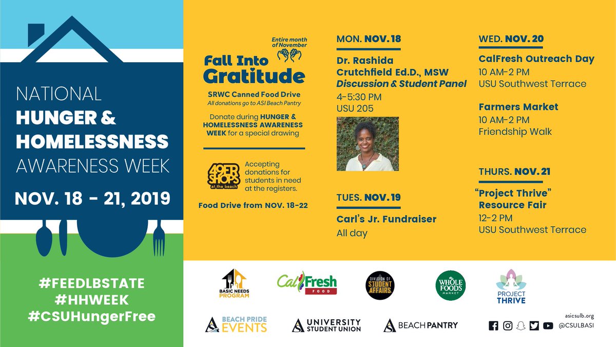 CSULBASI's tweet photo. Dr. Rashida Crutchfield joined us today for National Hunger & Homelessness Awareness Week. If you weren't able to make it to today's event there are more #HHWeek events happening throughout the week!
#FeedLBState #CSUHungerFree https://t.co/dkdg9kJtZR