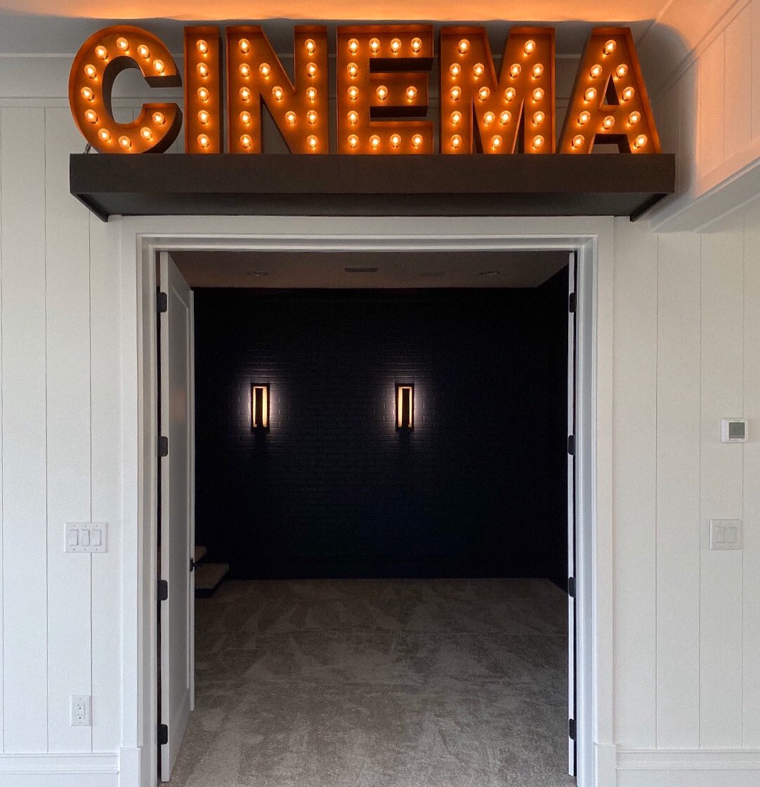 18” letters for a CINEMA sign make for a great entrance! 
@kristinrauchinteriors 
#sawandsteel  #cinema #theater #interiordesign #interiordesigner #designinspo #etsy #marqueeletters #lightupletters #hgtv #diynetwork