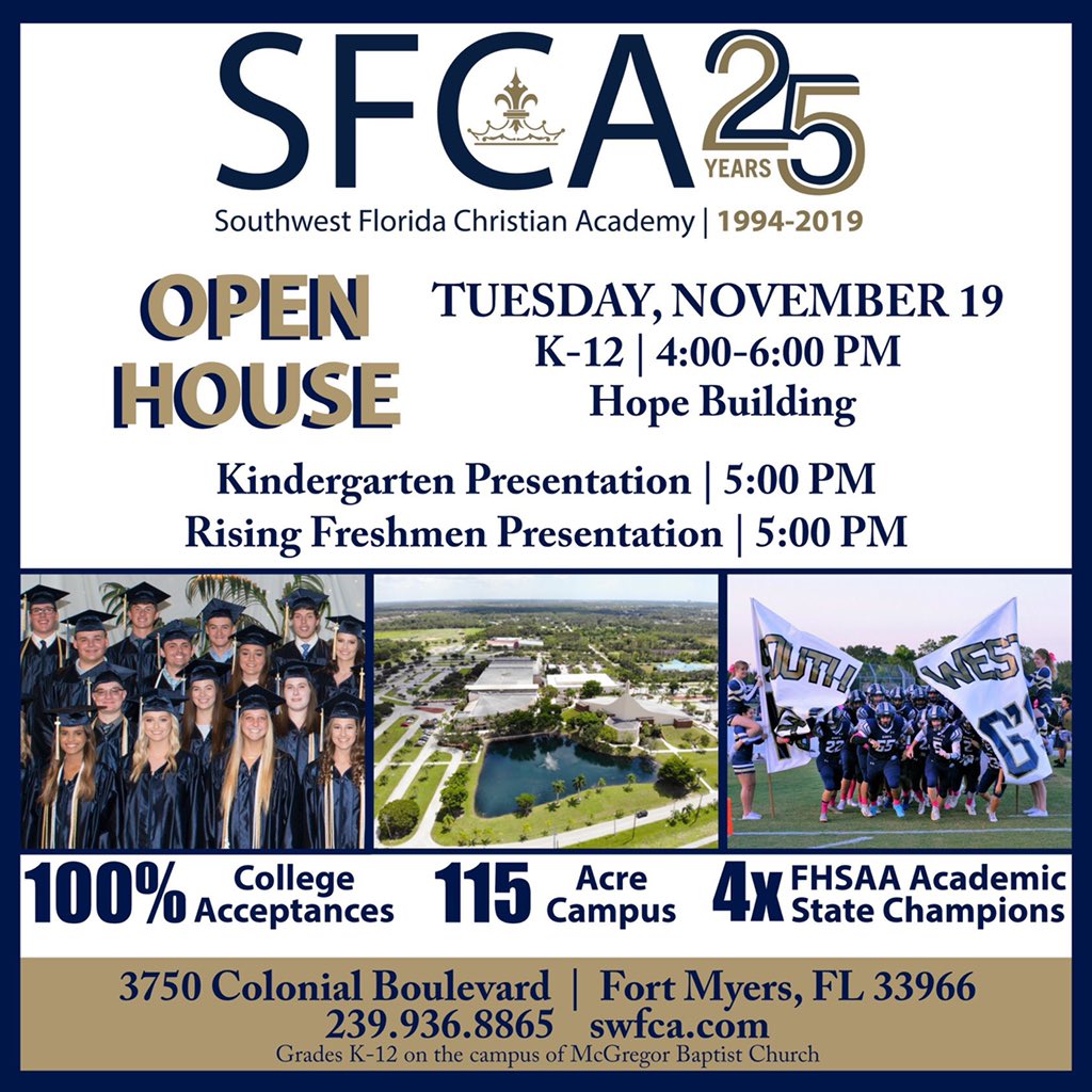 SWFLChristian's tweet photo. TOMORROW IS THE DAY! Invite a friend to attend our SFCA K-12 Open House on Tuesday, November 19, from 4-6 pm in the Hope Building. #sfcakings https://t.co/irVK66uEQq
