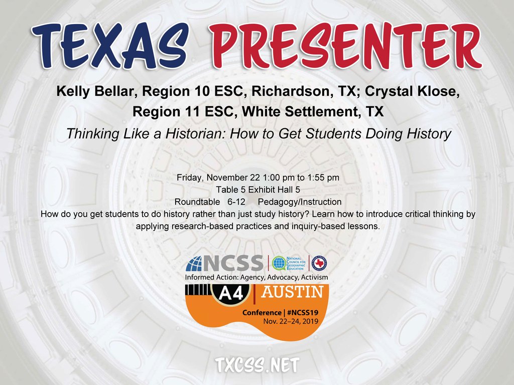 TxSocialStudies's tweet photo. 📣 Shout out to TEXAS ROUND TABLE DISCUSSIONS at #NCSS19 in ATX! 
👀 Keep an eye out for #TXCSSSWAG throughout the conference! 👀
#TXCSS19 https://t.co/tkb1PJf52F