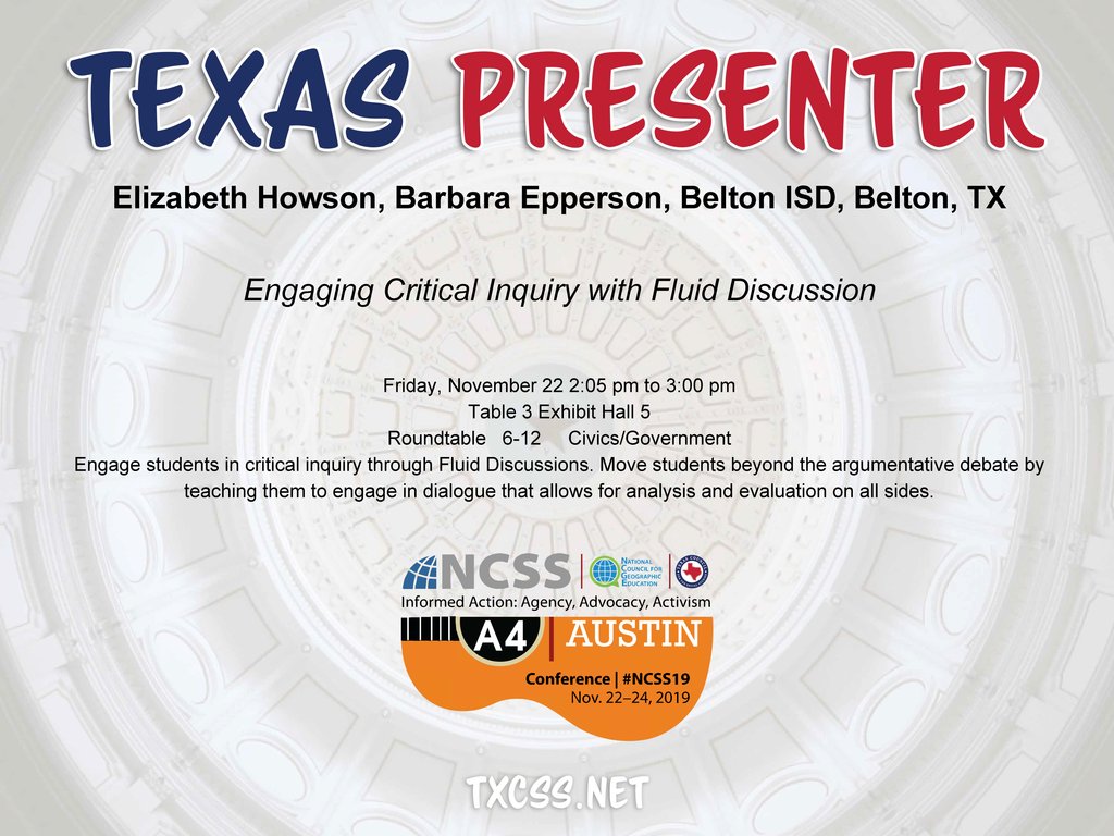 TxSocialStudies's tweet photo. 📣 Shout out to TEXAS ROUND TABLE DISCUSSIONS at #NCSS19 in ATX! 
👀 Keep an eye out for #TXCSSSWAG throughout the conference! 👀
#TXCSS19 https://t.co/tkb1PJf52F