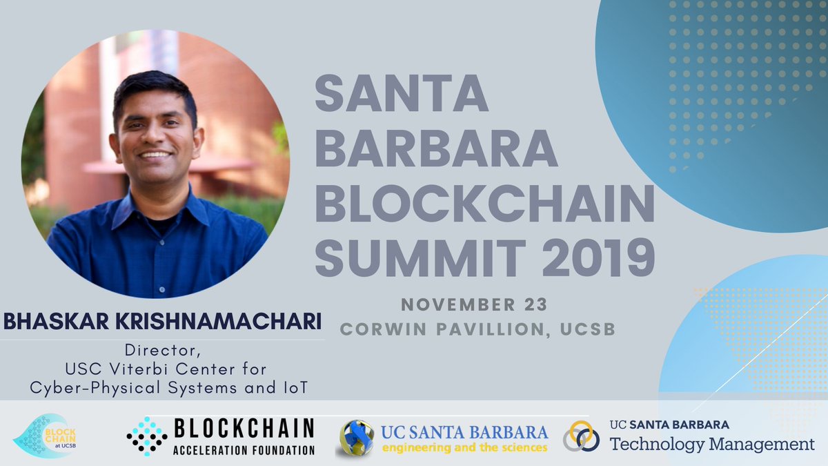 Is Blockchain and IoT the perfect marriage? Attend our section "Blockchains for Iot and Smart Cities" with <a href="/johngreathouse/">John Greathouse</a> <a href="/bhaskark_la/">Bhaskar Krishnamachari</a> Chris Ballinger from <a href="/dltMOBI/">MOBI</a> and <a href="/aviskan/">Siva Kannan</a> from @BCGDV to learn about this synergy.

#sbbs19 #Blockchain #IoT #ucsb