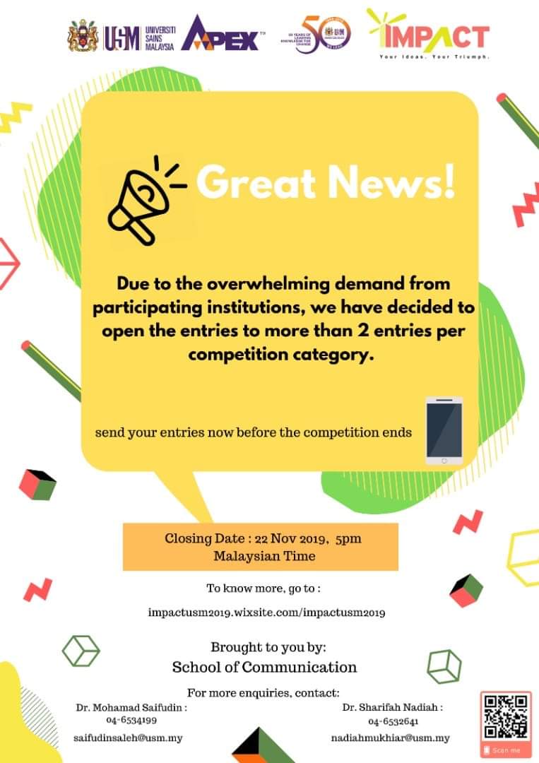 impactusm2019's tweet photo. Great news everyone! We are now opening up greater opportunities for you, all institutions may send more then two entries for each competition. Send your work today before the competition date ends.
#impact19usm #yourideasyourtriumph #CommSchoolRocks #WeLead #usmstyle https://t.co/Ke48GpnfVv
