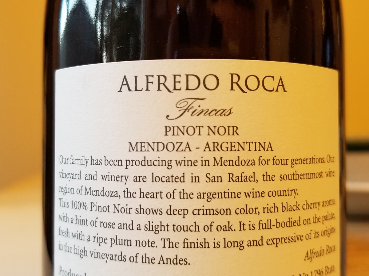 ALFREDO ROCA Fincas PINOT NOIR - 2018 - A dark crimson color. Aromatic and full nose of earthy red cherry and strawberry. Cooked strawberries on the palate with a little white pepper, earthy blueberry too. 
#ThankfulForVino #VinoArgentino #SipOnThisJuice <a href="/AlfredoRoca/">Alfredo Roca</a> #wine
