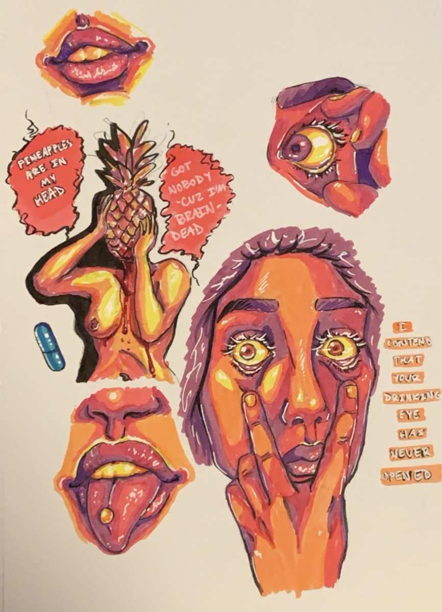 elfenthusiast's tweet photo. I love doing these visceral and vaguely nasty doodle-dump pages where I throw in song lyrics and random stuff and experiment. Super freeing to not have a cohesive theme on a page and go nuts. https://t.co/RJuP8X1QaF