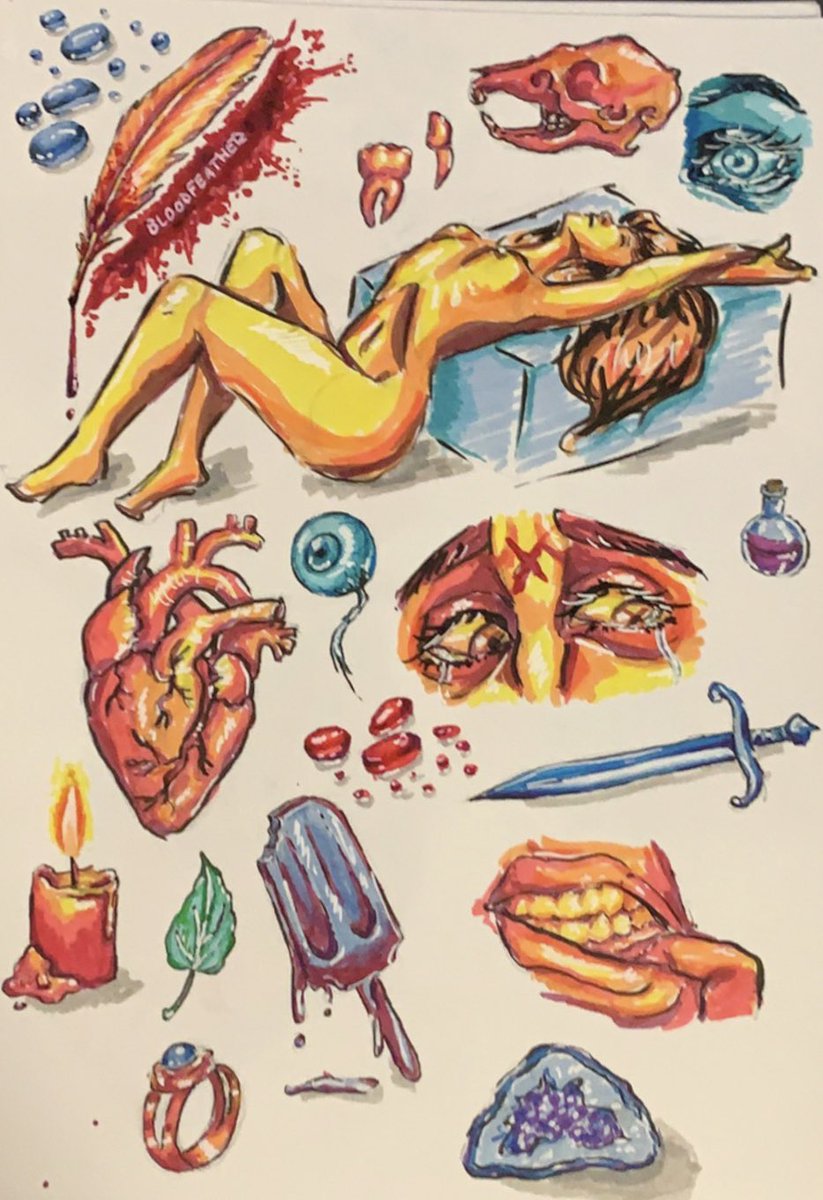 elfenthusiast's tweet photo. I love doing these visceral and vaguely nasty doodle-dump pages where I throw in song lyrics and random stuff and experiment. Super freeing to not have a cohesive theme on a page and go nuts. https://t.co/RJuP8X1QaF