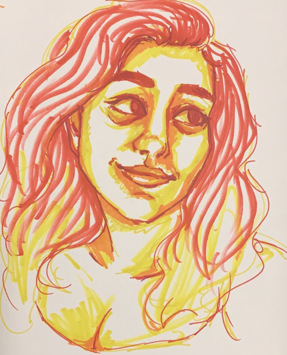 elfenthusiast's tweet photo. Doing self portraits in marker without sketching first is hard because these have fallen into a sort of uncanny valley where they sooort of look like me but are slightly off. We’re gettin there, though! https://t.co/LrASYrP67K