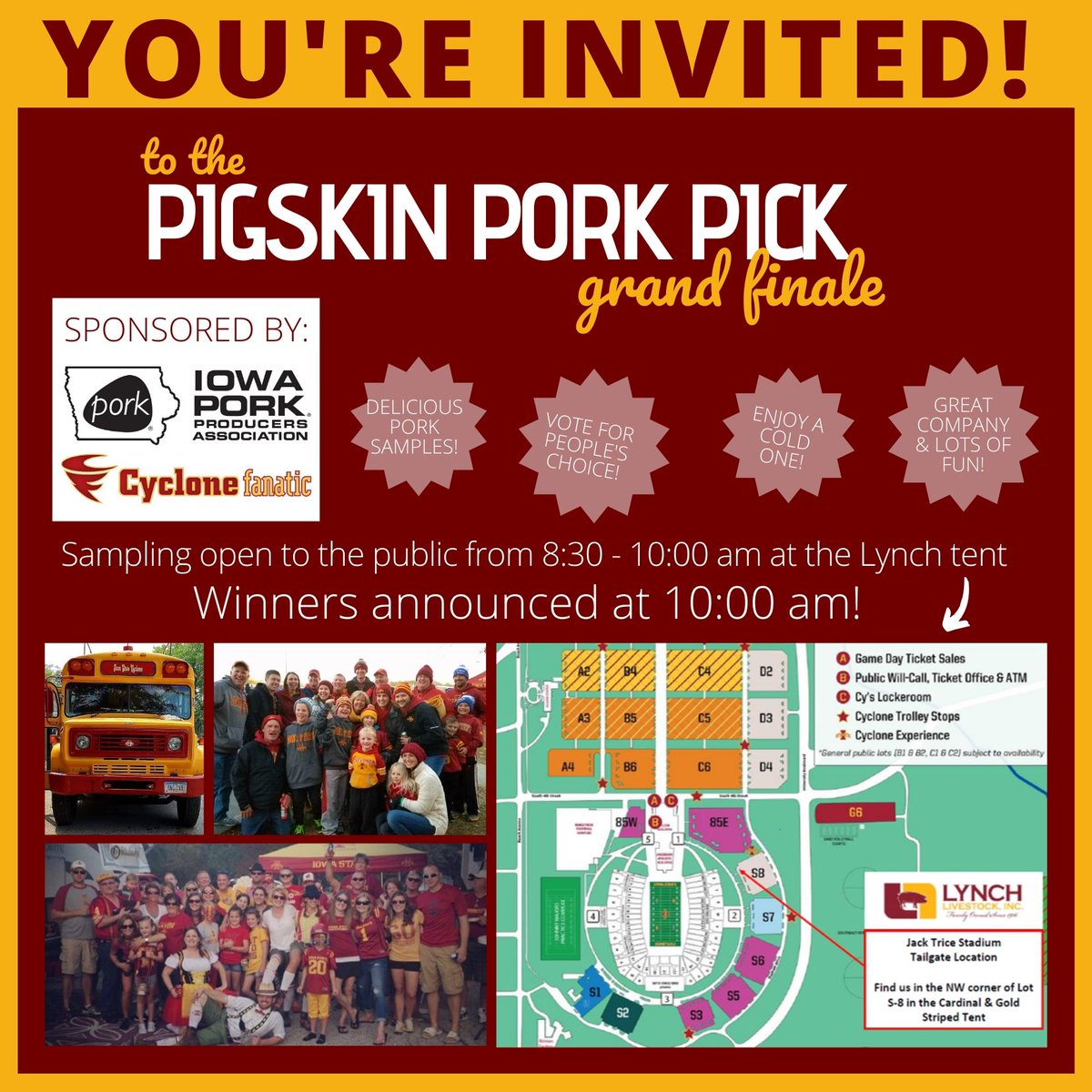 You're invited to our Pigskin Pork Pick Tailgate Challenge Finale this Saturday from 8:30 - 10:30 am!  Try pork samples from our finalists (vote for People's Choice!), chat with <a href="/cyclonefanatic/">Cyclone Fanatic</a>'s Chris Williams and enjoy pulled pork nachos from <a href="/MmmJethros/">MmmJethros</a> !
#IowaPork #Tailgating