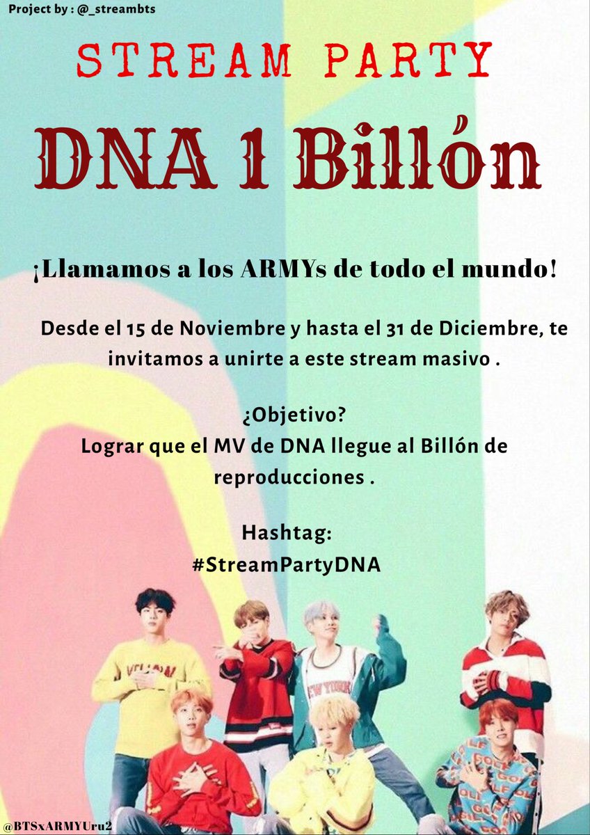 BTSxARMYUru2's tweet photo. ARMY!!! Te invitamos a unirte a este proyecto!!
Estamos determinadas a lograr que DNA llegue al Billón y por eso esperamos que nos apoyes y te unas!💜
El trabajo en equipo lo es todo💪
@BTS_twt #BTS #StreamPartyDNA
#방탄소년단 https://t.co/083Ujfd29F