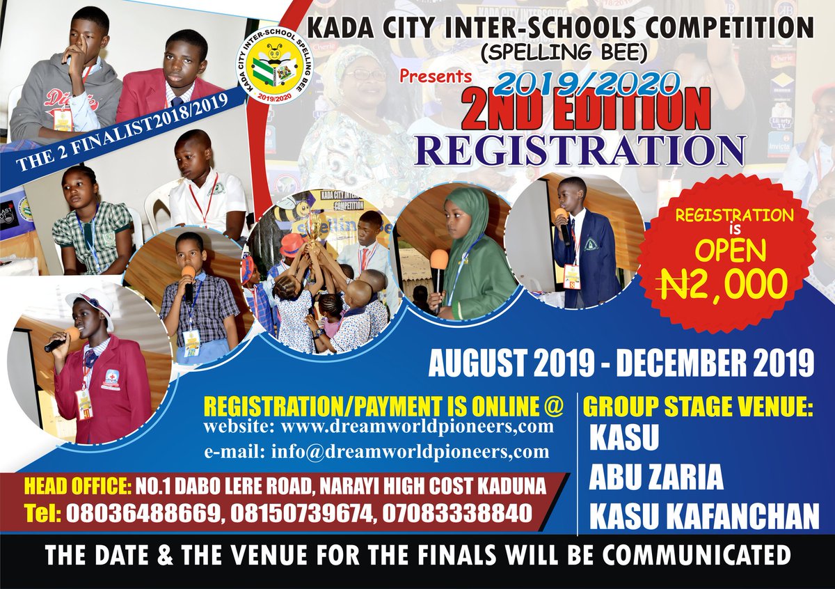 spell_now's tweet photo. Kada City Interschools Competition (Spelling Bee) 2nd edition now open.
@Abdu_Kwari
@ubasanius
@SenDanjumalaah
@GovKaduna
@InsideKaduna_
@KDHSSD
@KadariaAhmed
@contactkdsg
@KadunaNma
@KadunaUnity
@kdkapsco
@iamoludavid
@spell_now
@john_danfulani
@IAmJohnLuka
Register Now. https://t.co/X8HFLVK48V