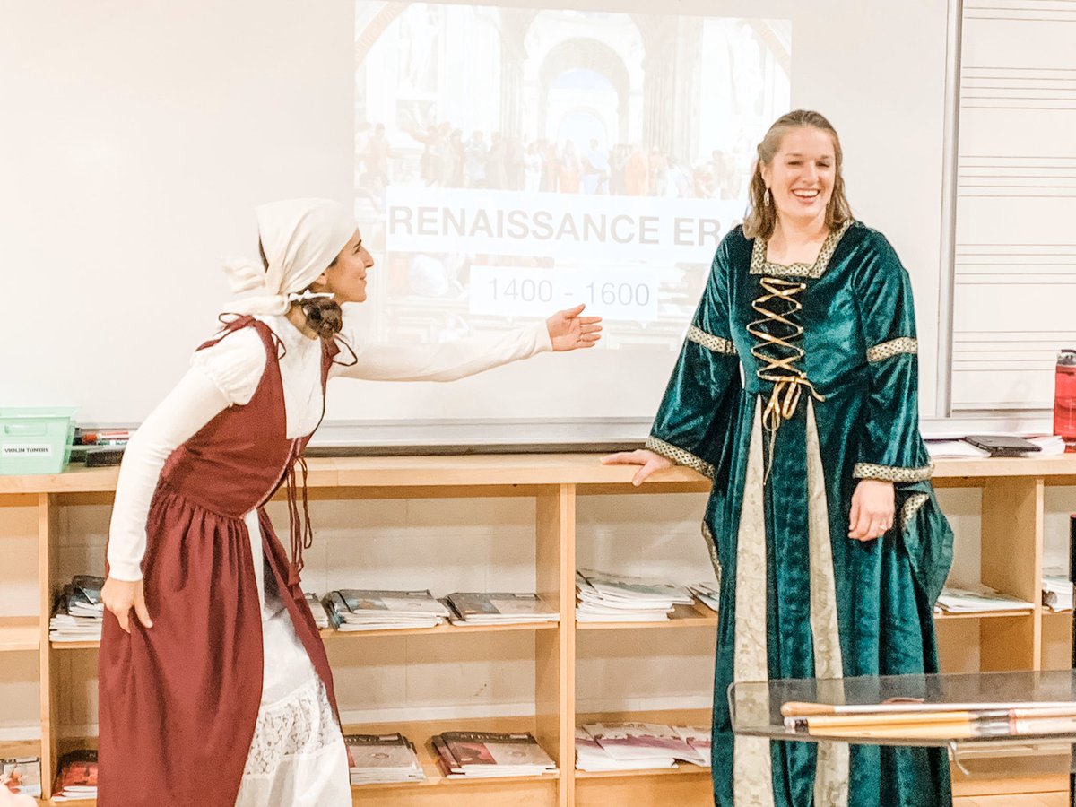 thestringsclass's tweet photo. “What, this? Oh, just our regular Monday outfit 😀” Today we started our Renaissance Era unit. M. Collings and I had way too much fun with this one! #musichistory #cpstrings @PeelSchools @CentralPeel1 @PeelArts1 https://t.co/nMjqDzZ2ES