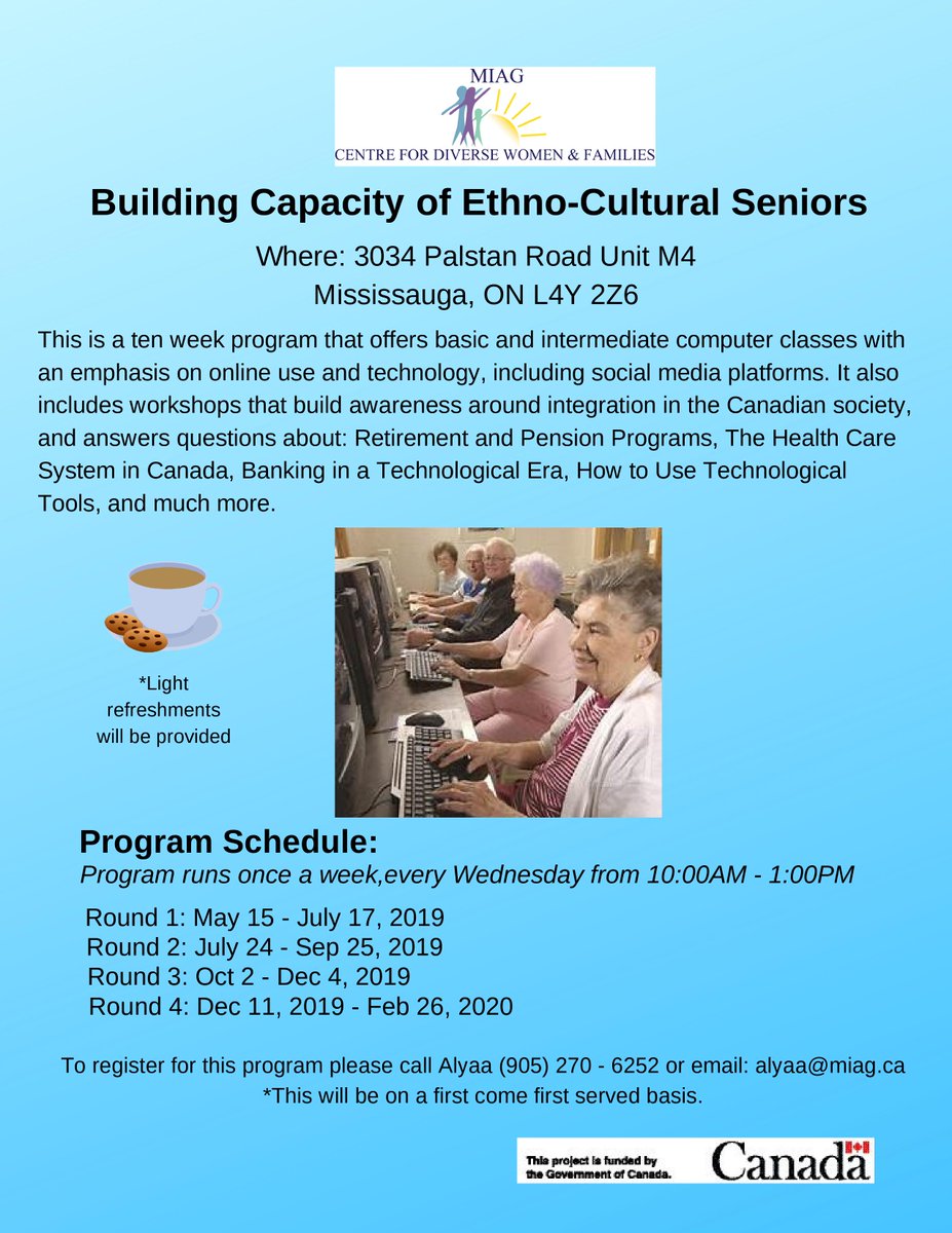 MIAGCENTRE's tweet photo. Seniors Computer class

 It is a ten week program from 11th Dec 2019-26th Feb 2020 that offers basic computer classes with an emphasis on online use and technology, including social media platforms. Programs runs once in a week, every Wednesday from 10:00AM - 1:00PM. https://t.co/jZm37IoWRS