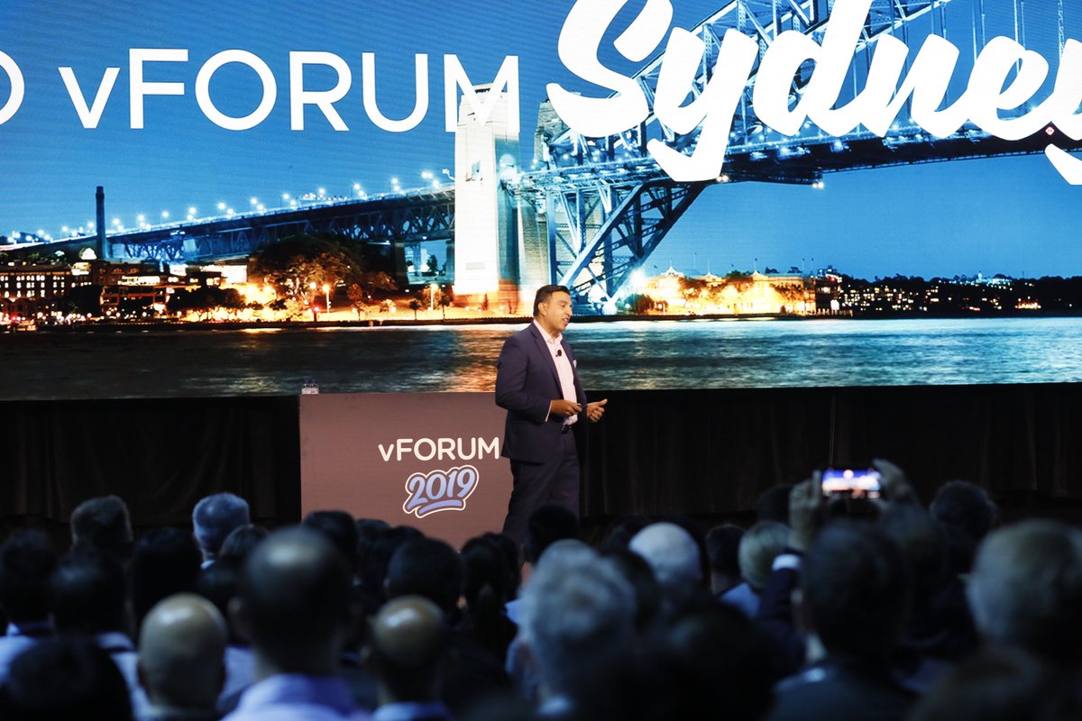 VMwareANZ's tweet photo. And so it begins. @Alister_Dias gets #vFORUMAU 2019 off to a cracking start! https://t.co/j4V3wjiMxR