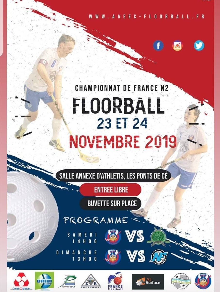 RDV samedi et dimanche salle annexe d'Athlétis à <a href="/villepontsdece/">Ville Ponts-de-Cé</a> pour le WE de N2. Les 🔴 et 🔵affronteront Brunoy samedi à 14h et Nantes dimanche à 13h !
On vous attend nombreux 👍👍
<a href="/David__COLIN/">David COLIN</a> <a href="/MMAngersLaFayeT/">MMA Angers LaFayette</a> <a href="/floorballFR/">France Floorball</a> <a href="/NantesFloorball/">Nantes Floorball</a>