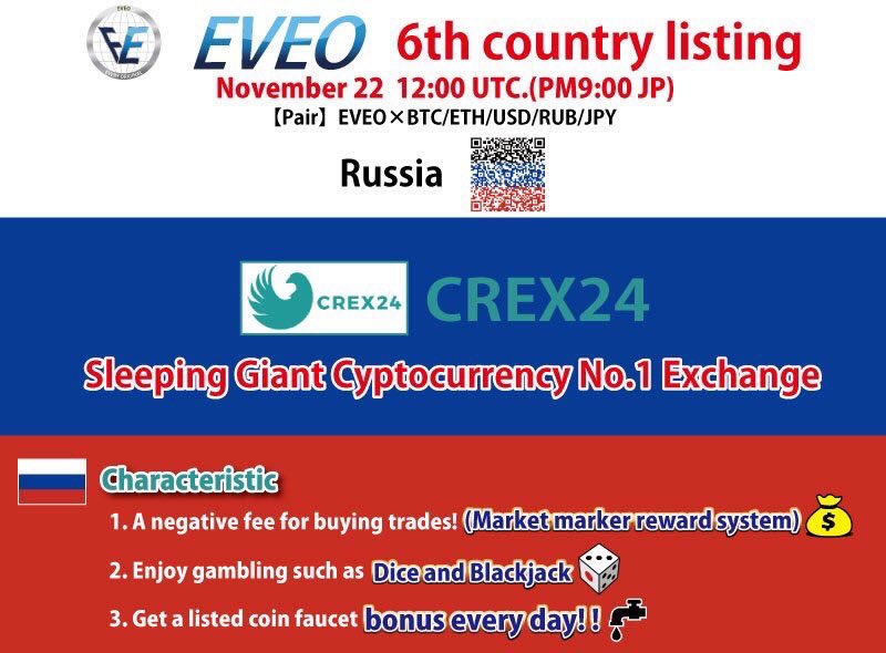masanakasiko1's tweet photo. 🌈🌎EVEO世界6カ国目の上場決定🌎🌈
草コインNo.1取引所【CREX24（ロシア）】

■2019年11月22日㈮■UTC12時、JST21時

■対応ペア■BTC/ETH/USD/JPY/RUB

■特徴
①買い手数料がマイナス💰
②ゲーミングカジノ付き💰
③毎日蛇口ボーナスGET💰

【CREX24】👇
https://t.co/4D5xHZA6fS…

#CREX24 #EVEO https://t.co/L6SmkoLXTG