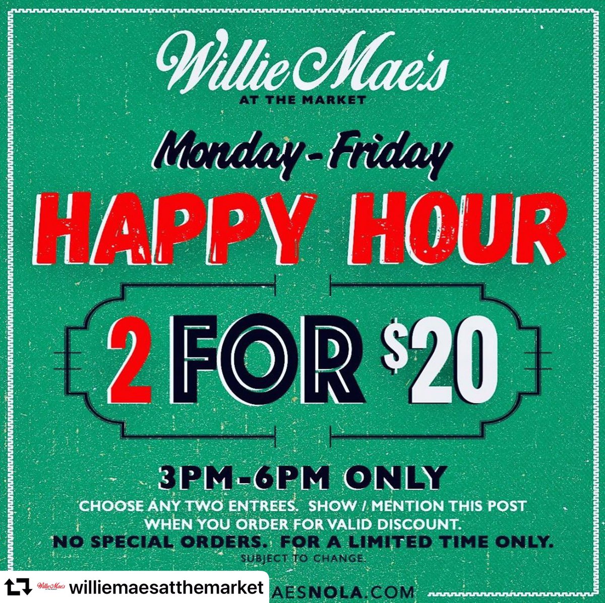 #repost @williemaesatthemarket
・・・
#HappyHour just got happier! Walk-up, share, indulge and enjoy two entrees for $20 at #WillieMaesNOLA right now! Discount valid when you show/ mention this post. For a limited time only. #eatgoodfeelgood
