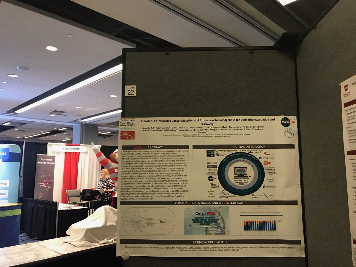 OncoMX_KB's tweet photo. Join us at poster 22 at #AMIA2019 NOW! Our #OncoMX team representative Amanda will be there til 6:30PM. #CancerGenomics #CancerInformatics #CancerBiomarkers #Bioinformatics https://t.co/X3JTIDUEiN