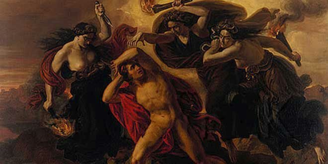 And he, who these unhappy ones knew there
The handmaids of eternal torture’s queen,
Then said: “Look on,” to me: “the Eumenides.”