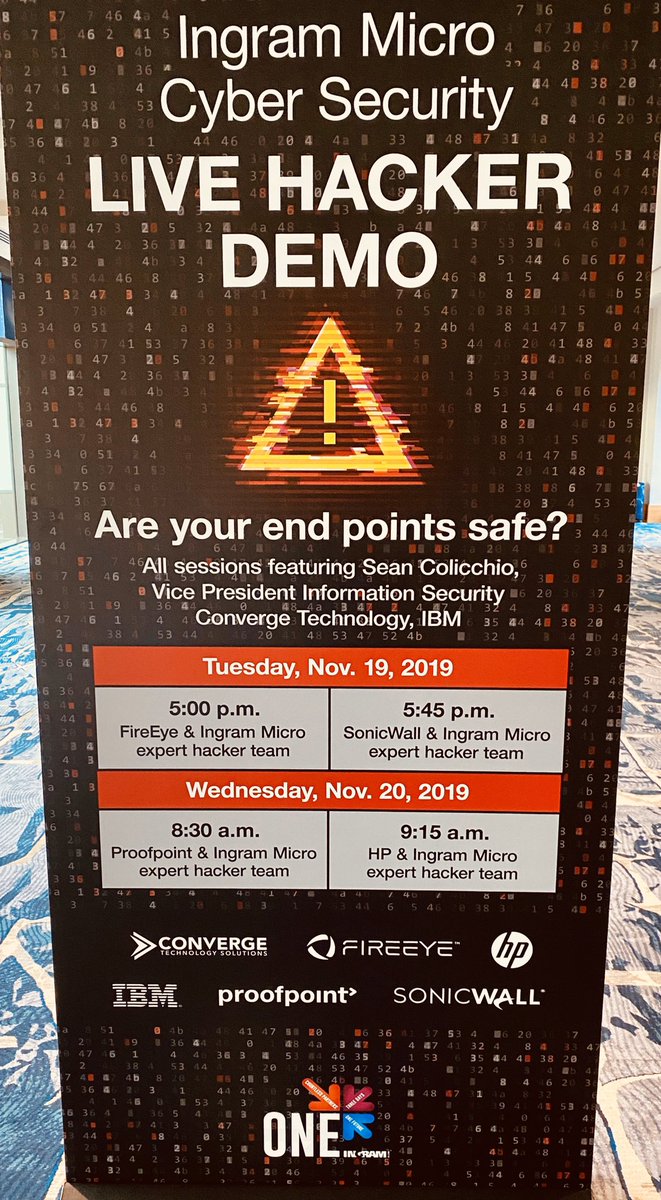 JustinCorus360's tweet photo. Excited to be in Denver for @IngramMicroOne but ecstatic to see that @ConvergeTSC  own Sean Colicchio, VP information Security will be featured at the Live Hacker Demo with @IBMSecurity @IngramMicroInc https://t.co/v8dyeGmK3l