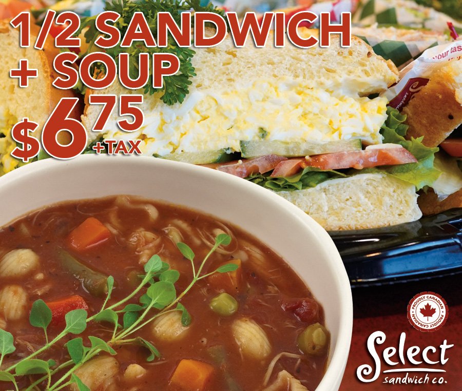 select_sandwich's tweet photo. This Lunch Special will warm you up! Come on in to any Select Sandwich Location for the hottest lunch special! Enjoy a half Classic-Sandwich and a Small Soup for only $6.75! See you there! https://t.co/Af8wqc9LaM #LunchSpecial #LunchDeal #MealDeal #LunchCombo https://t.co/1wCSH6ODrY
