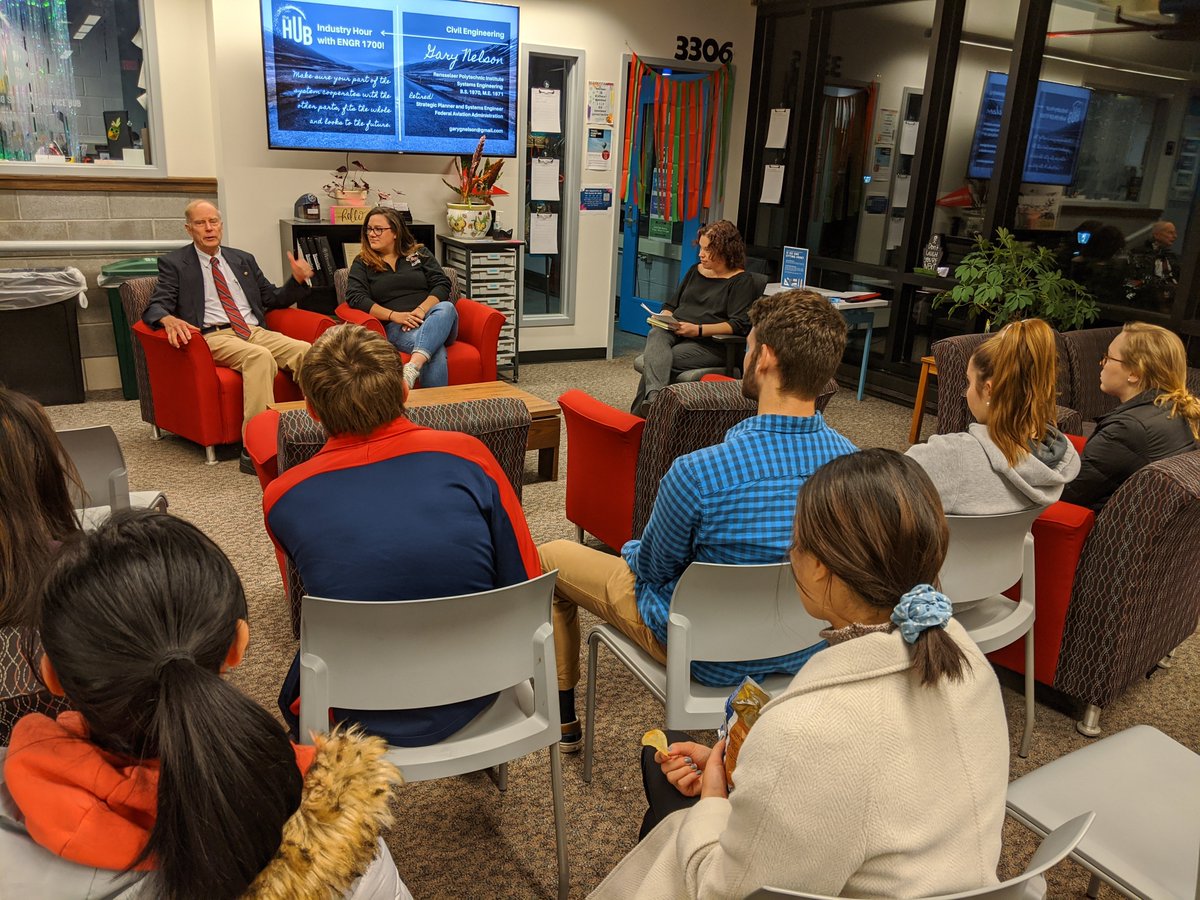 rpi_soehub's tweet photo. Right now in the #SoEHub! Two #rpialumni, industry professionals chatting to us about the #CivilEngineering industry! We are loving #IndustryHour this fall. It's a great way to find out what Civils are doing after graduation!๐ @rpi @RPIAlumni #ENGR1700 #RPIENGR https://t.co/yfvQVY3NJJ
