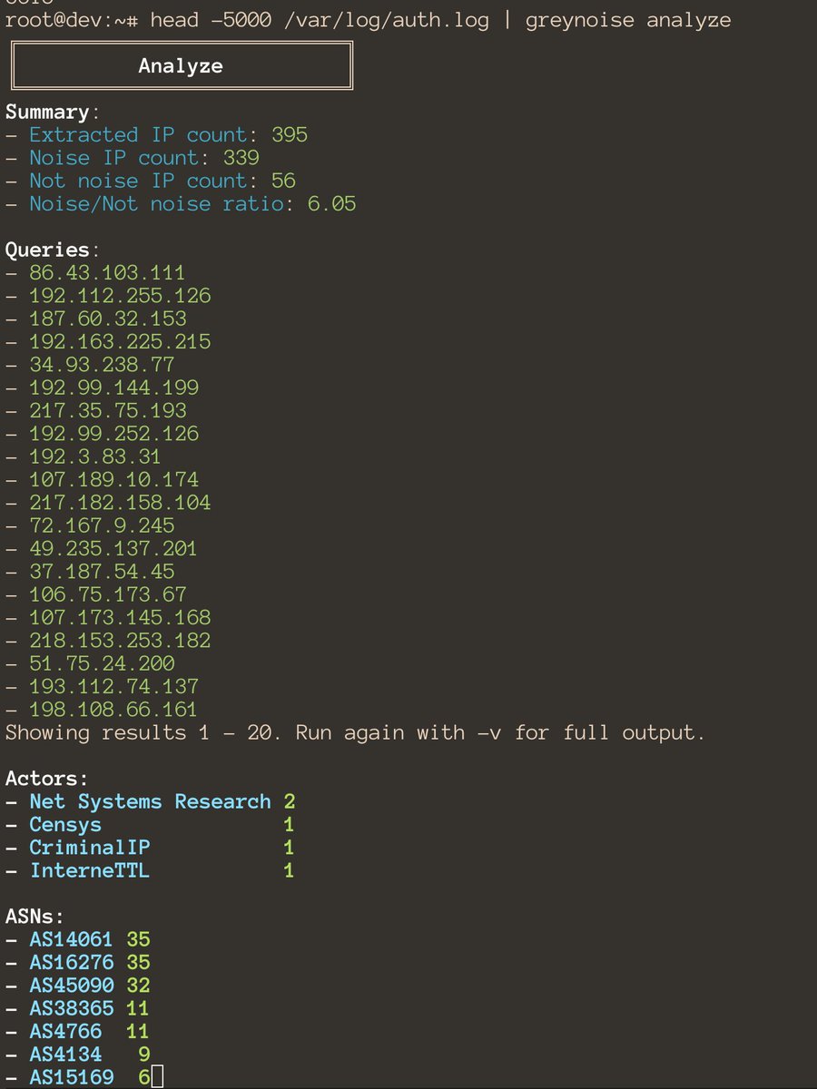 GreyNoiseIO's tweet image. GreyNoise Python library and CLI v0.4.0 has been released. New features include:

greynoise analyze - analyze unstructured log data
greynoise filter - grep, but for internet background noise
greynoise quick - query 1,000 IP addresses at a time

pip3 install greynoise --upgrade
