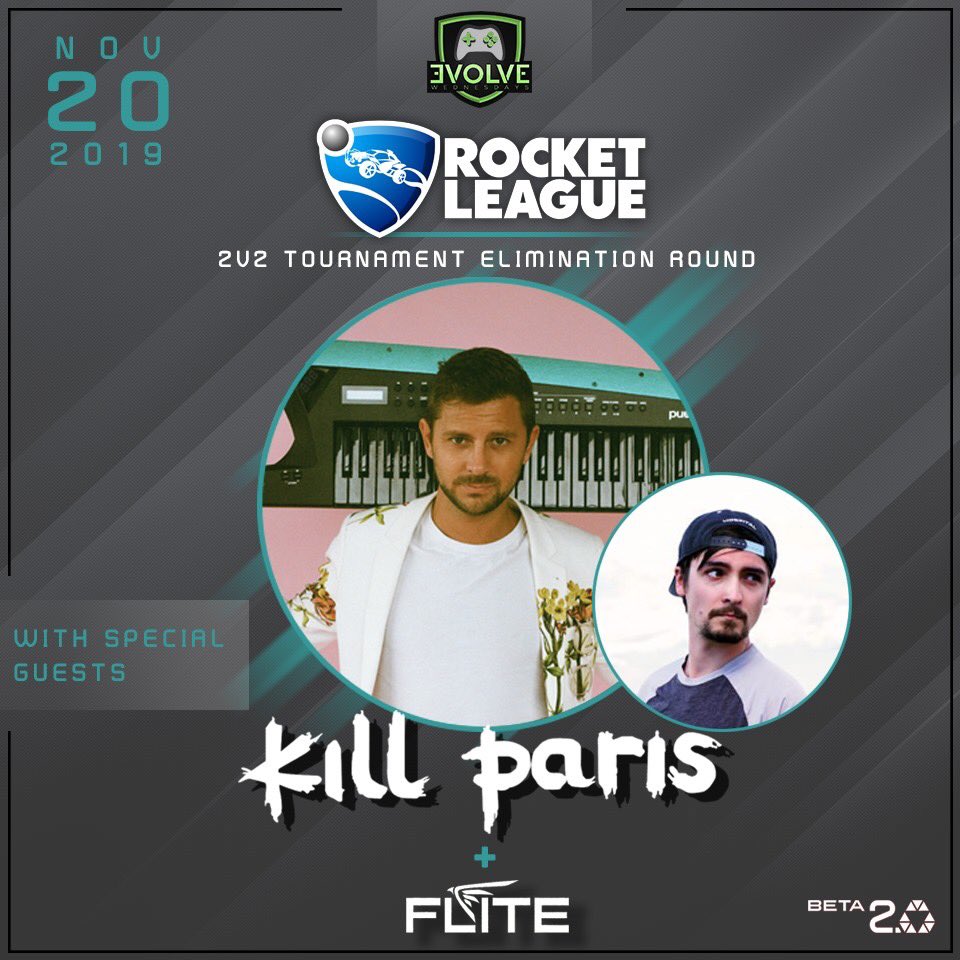 Tournament signups for <a href="/evolve_presents/">EVOLVE Presents</a> Wednesdays Rocket League 2v2 Elimination Round are live! <a href="/killparis/">Kill Paris</a> + <a href="/FliteUS/">Flite</a> will be playing DJ sets after the rounds are over, don’t miss! 

Tourney signup :: smash.gg/evolverl

General admission :: bit.ly/KPFliteBeta