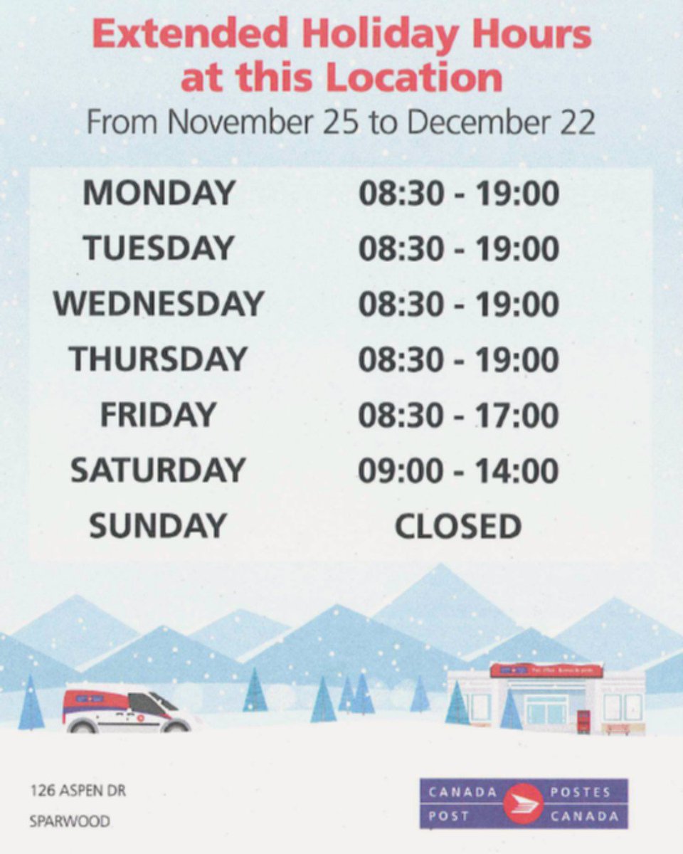 We want to give a HUGE shout out to our local Canada Post staff for their hard work throughout every holiday season. Please check out their extended holiday hours for this year.