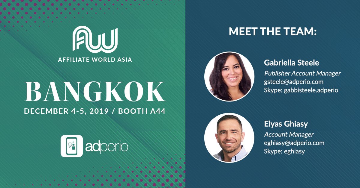 Adperio's tweet photo. Meet our Adperio team that will be at AWA 2019 at booth A44 December 4th and 5th! Schedule a meeting at AWA with our team in Bangkok by emailing sales@adperio.com
See you there! https://t.co/wTWvHA9eTW