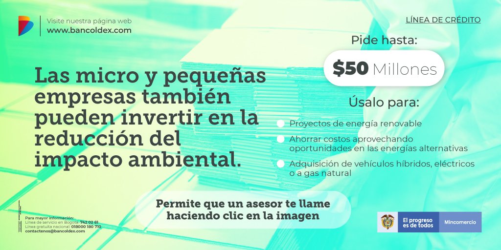 Bancoldex's tweet photo. Las micro y pequeñas #empresas también tienen mucho que aportar al #MedioAmbiente. Conoce cómo podemos apoyar tus inversiones verdes, agendando llamada en este enlace: https://t.co/2ictHB1auS 🌱 https://t.co/yh56W64CVP