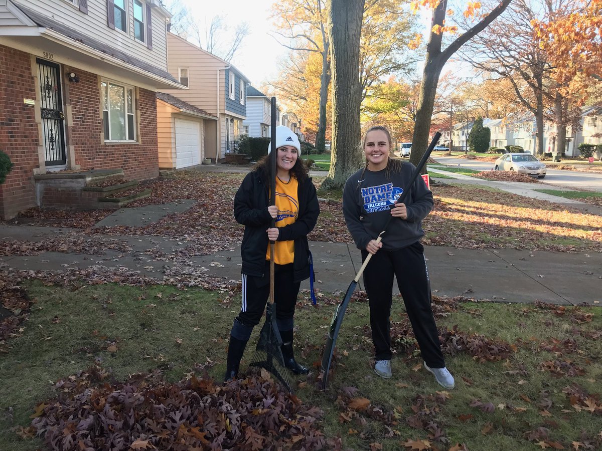 NDCSAAC's tweet photo. WHAT A BEAUTIFUL TO DAY TO GIVE BACK!

check out these wonderful ladies of @NDCsoftball that went out into our community to rake some leaves 👏👏👏👏👏👏👏👏👏👏👏👏

keep it up falcons - we are so proud! #MECgivesback #letsfalcongo https://t.co/KeRppYFrjI