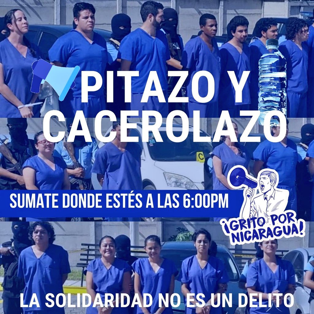 #Nicaragua #GritoPorNicaragua

Sumate desde donde estés 
a las 6pm 
al PITAZO y CACEROLAZO. 

¡Mantengamos nuestras #VocesEnResistencia!

#SOSNicaragua