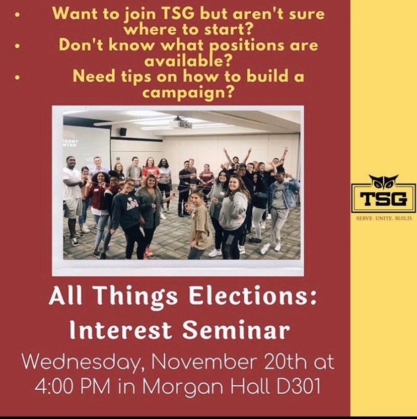 TempleTSG's tweet photo. Interested In joining TSG but aren't sure where to start? Not sure how to form a campaign? We'll answer all those questions and MORE at our All Things Elections event on Wednesday, November 20th at 4pm in Morgan D301! We hope to see you there. https://t.co/KbqyuWe9G9