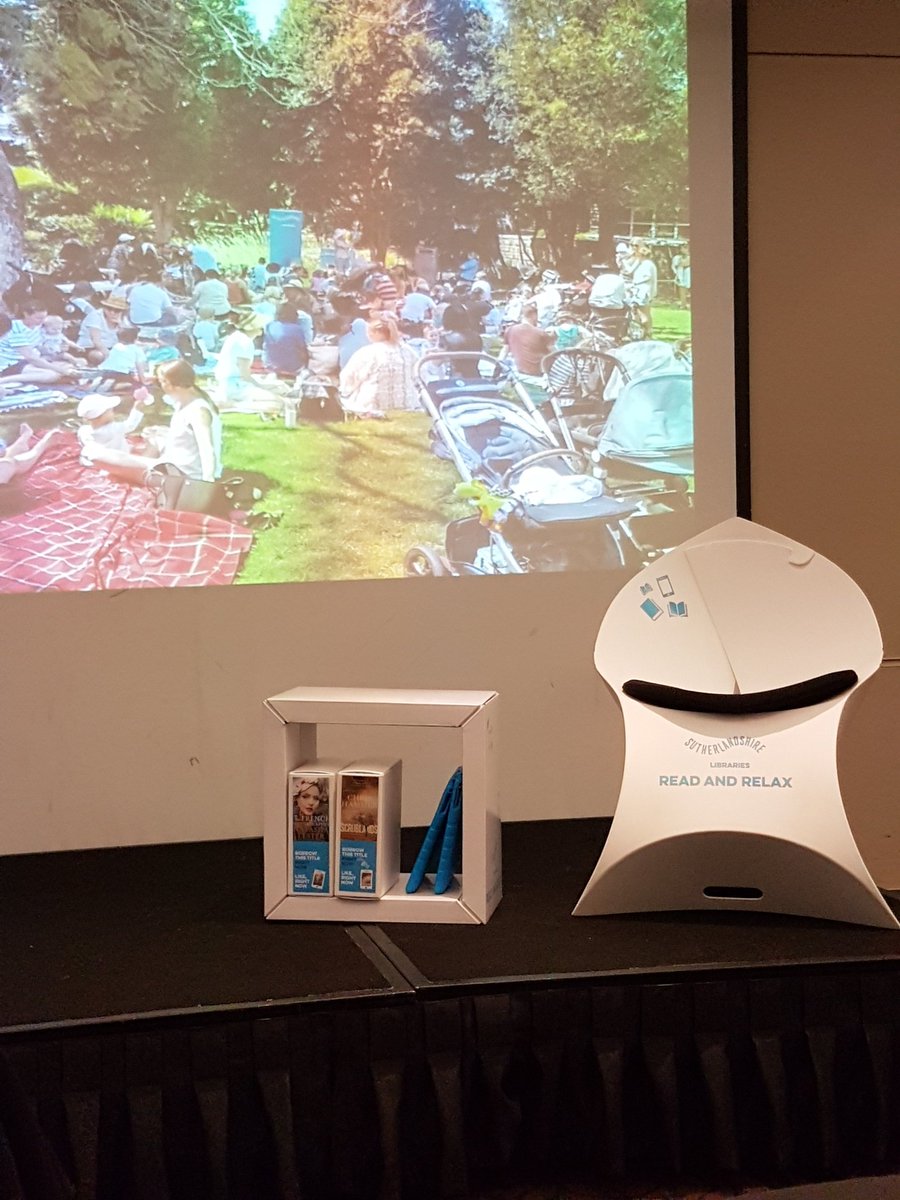 ellenforsyth's tweet photo. Hearing about Sutherland and their outreach to potential library users, photograph shows some of the furniture used in pop ups. They are using the term potential user rather than non user #Switch2019 https://t.co/zhKimK3E44