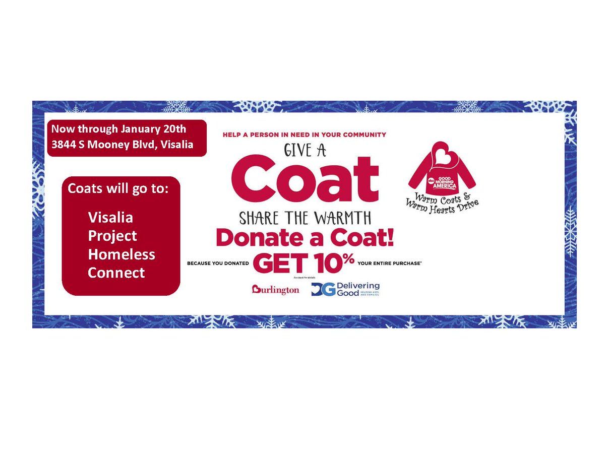 KT_Alliance's tweet photo. Do you have extra jackets and/or coats in your closet that you're looking to donate?  Drop off your coats at Burlington Coat Factory on Mooney and they will be donated to Visalia Project Homeless Connect and you will receive 10% off your purchase! https://t.co/ukUXj6roiP