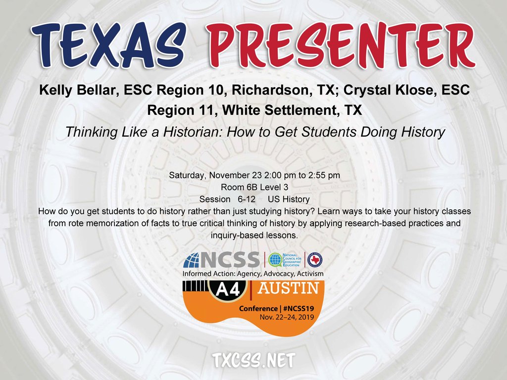 TxSocialStudies's tweet photo. 📣 Shout out to TXCSS PRESENTERS taking the stage at #NCSS19 in ATX!
👀 Keep an eye out for #TXCSSSWAG throughout the conference! 
#TXCSS19 https://t.co/t7X51gvomc