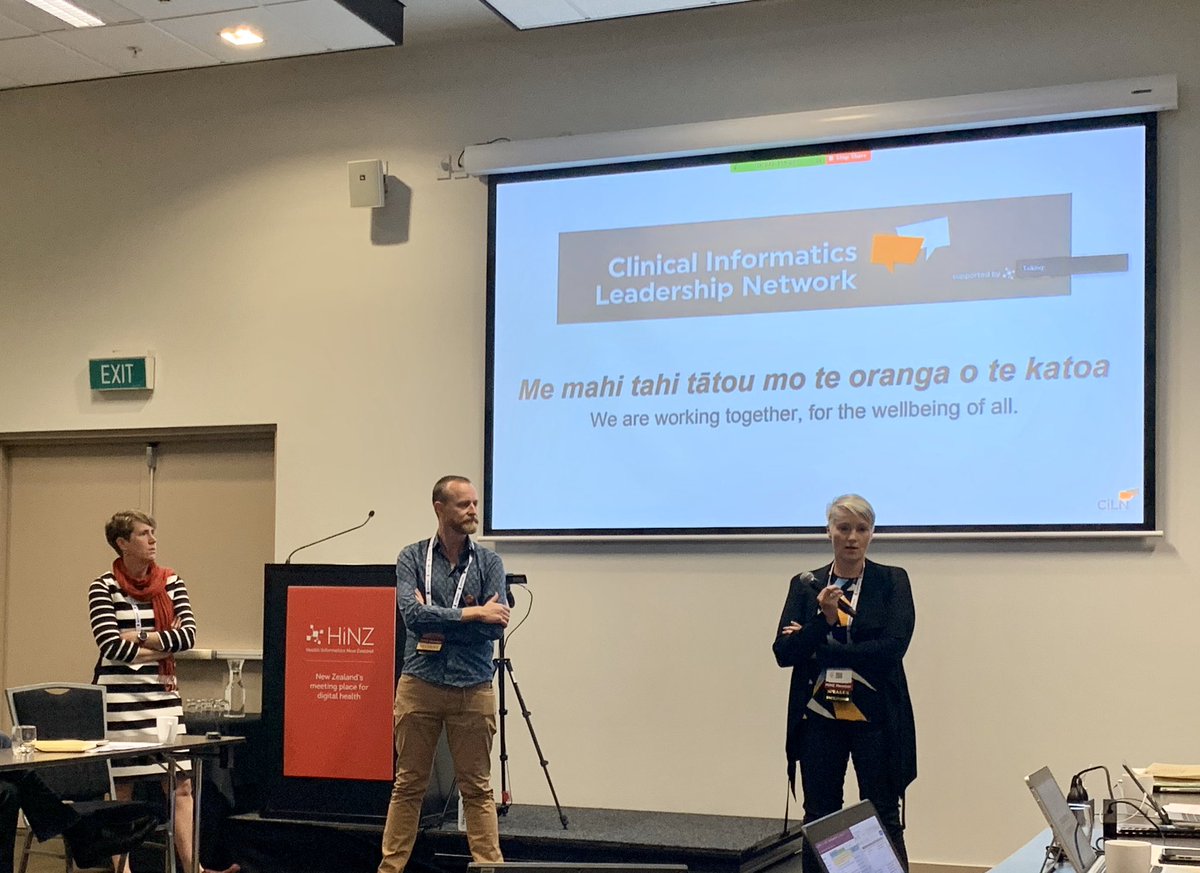 TamzinBrott's tweet photo. Our three fab co-chairs @karenlbnz @virtualruth and @NKershaw presenting the Clinical Informatics Leaders Network Position Statement to the CIO group at Digital Health Week 2019 #HiNZ2019 #CiLN #Digital #Data https://t.co/lIOTTBORJo