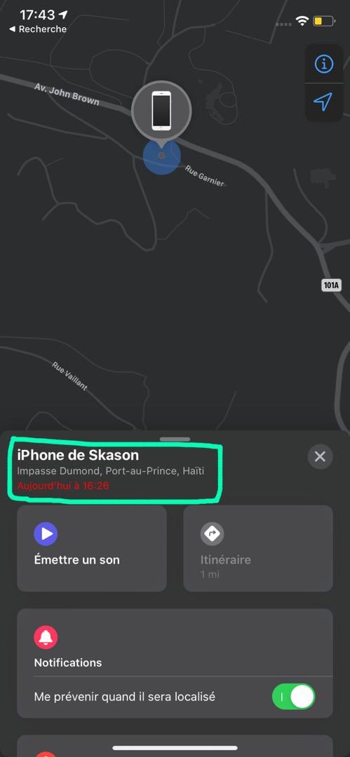 SkasonBaptiste's tweet photo. Jodi a, li te 2:29 pm, pandan m t ap pote sekou a yon jounalis ki pran bal, Dèlma 95, iPhone mwen an tou pèdi. M wè sa prèske menm moman an. M sone l, se mesaj vokal, menm kote a m enfòme Apple li pèdi #LostMode. M rantre lakay mwen la, m lokalize li gentan jis Lali a 4è. RIRES. https://t.co/1W4chkirsp