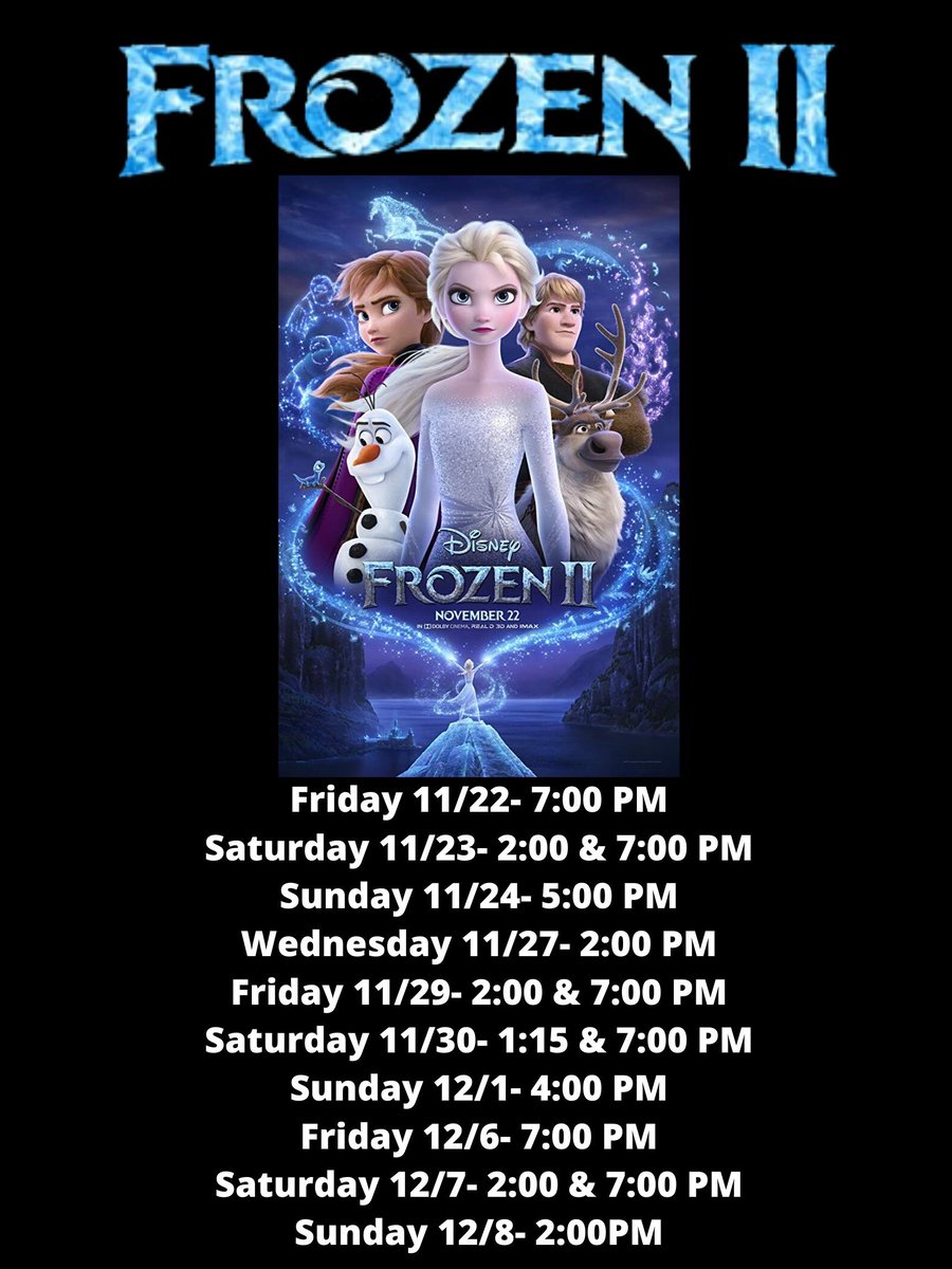 WidmanCinema's tweet photo. Starting FRIDAY, “Frozen II” @ 7:00 PM!
*If I were you I would purchase tickets now on our app to secure a seat, BUT make sure to come early to get the seats you want and to make sure you can sit all together* https://t.co/NUH5M5hDog