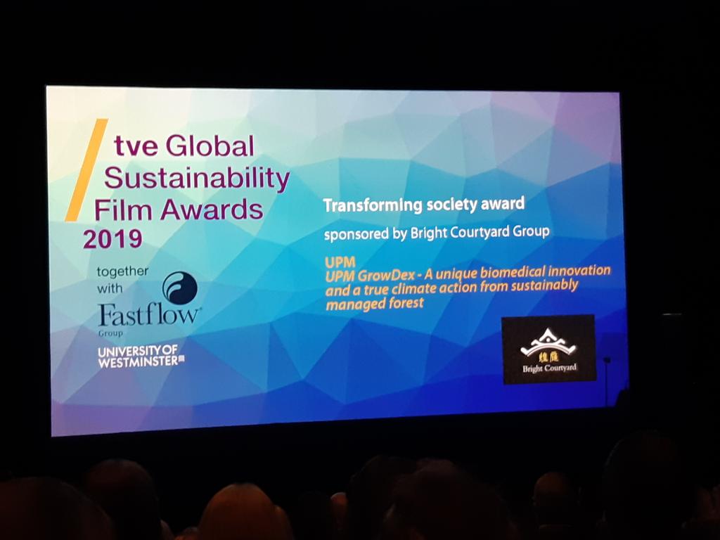 UPMGlobal's tweet photo. Greetings from #tve #globalsustainabilityfilmsaward gala! Great films, #UPM #GrowDex being one of them. Congrats to the Fair Trade USA who won the Transforming societies category. #SDG BIofore #beyondfossils https://t.co/csp1ptSpJ6